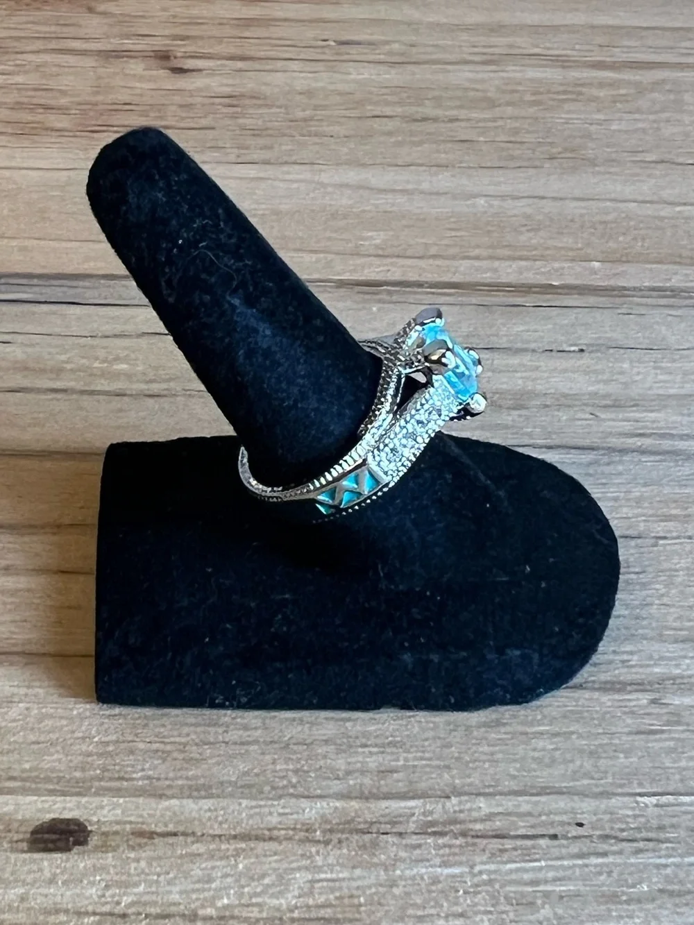 Silver Tone Fashion Ring With Blue Square-Cut Center Stone Size 6